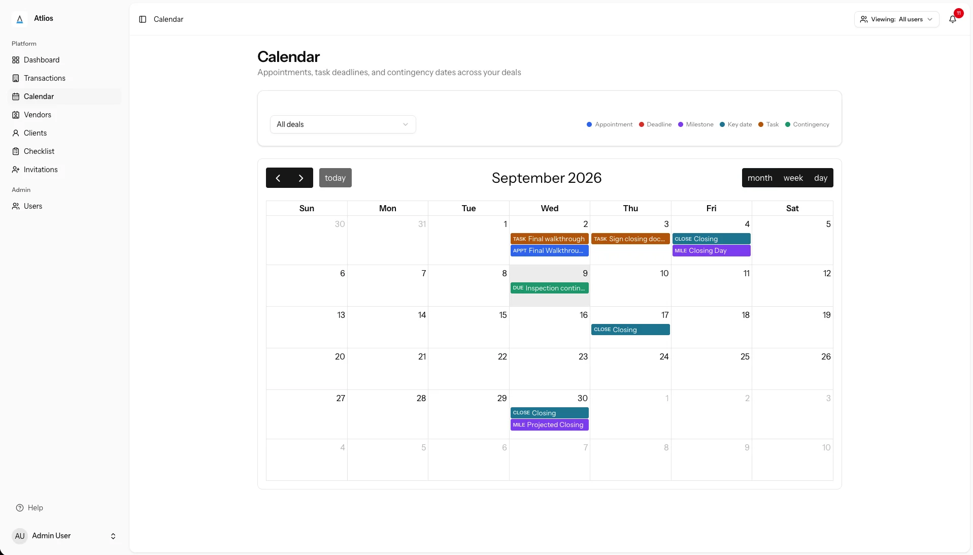 Calendar of deadlines and contingency dates across deals