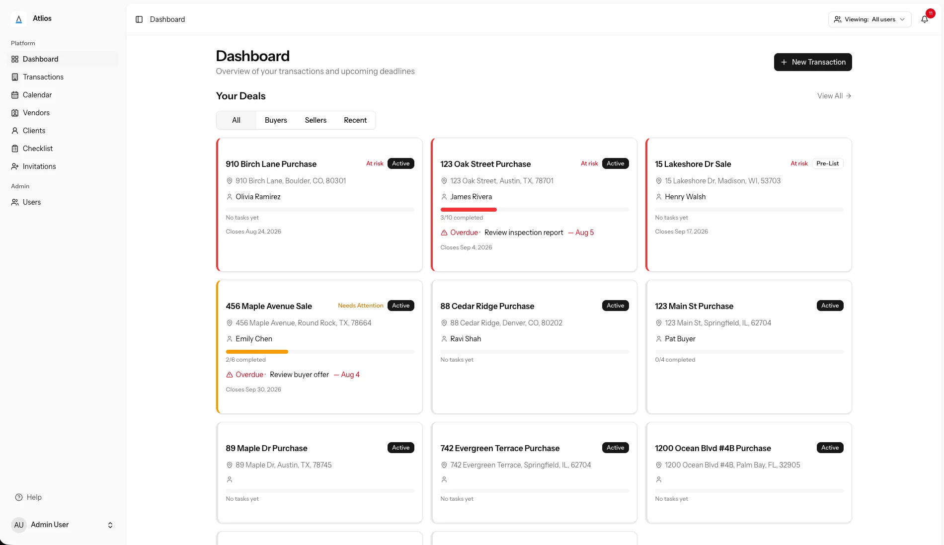 Agent dashboard showing all deals with risk flags