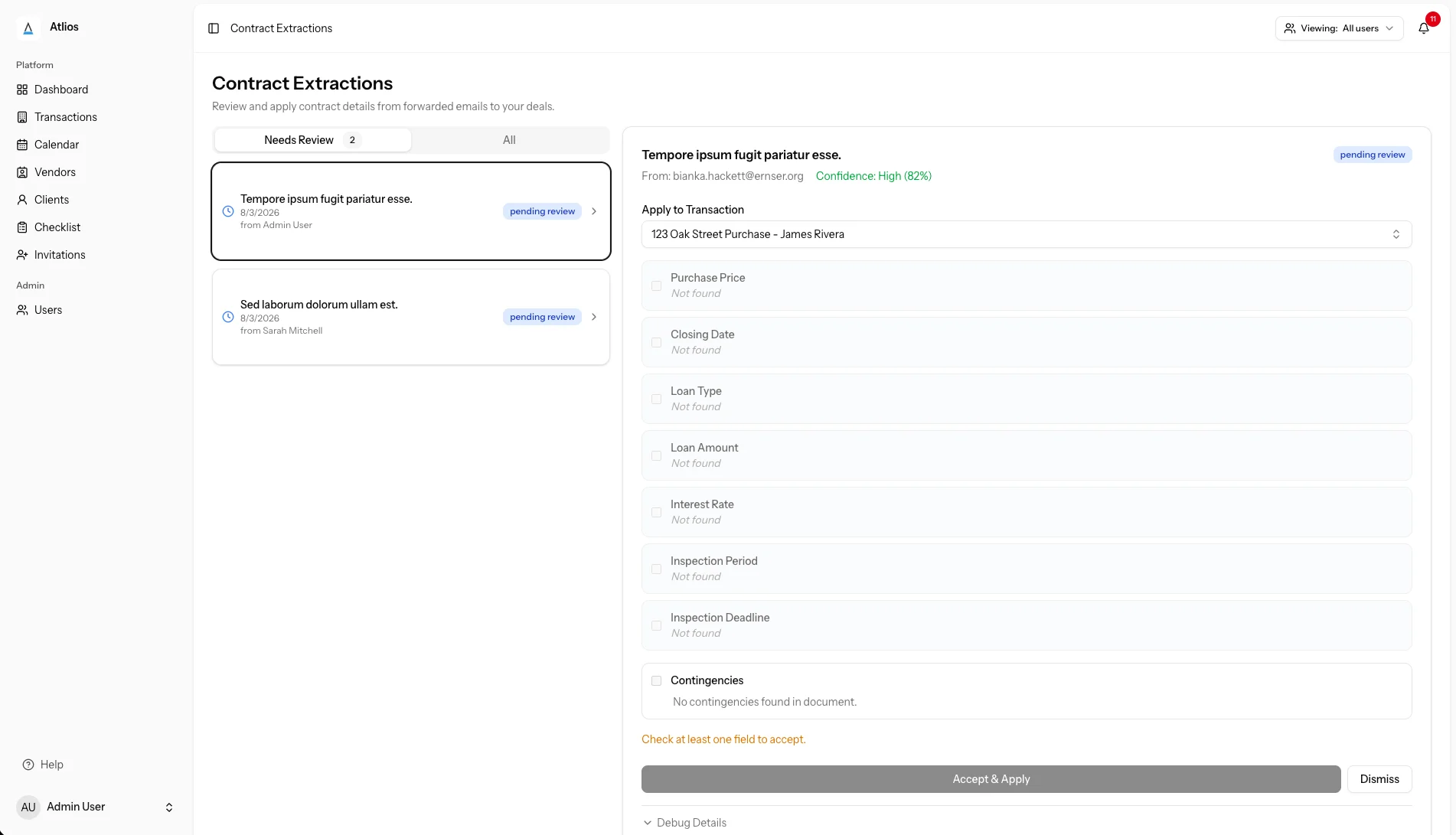 AI contract extraction reviewing fields parsed from a forwarded email