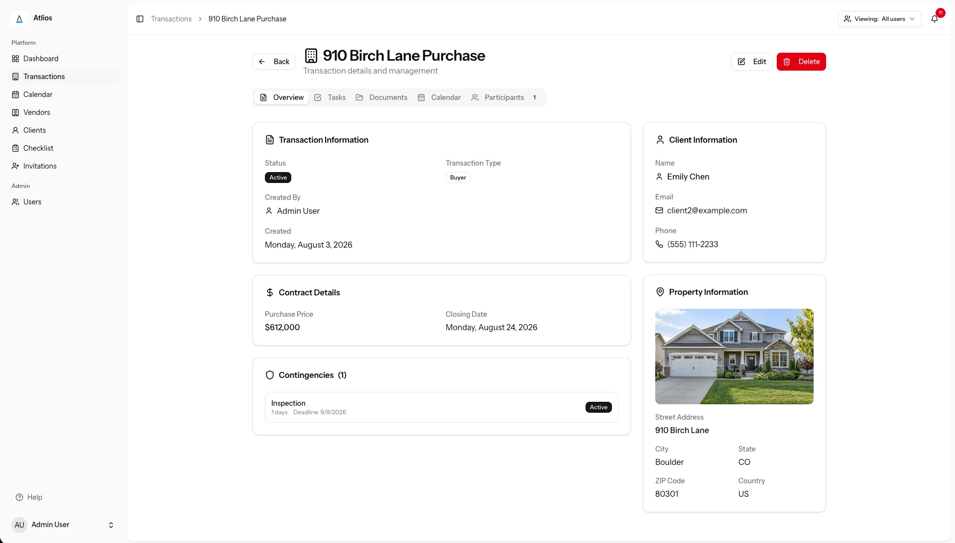 Transaction detail with contract, client, property and contingencies