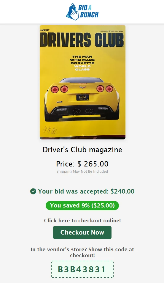 Bid accepted with checkout code
