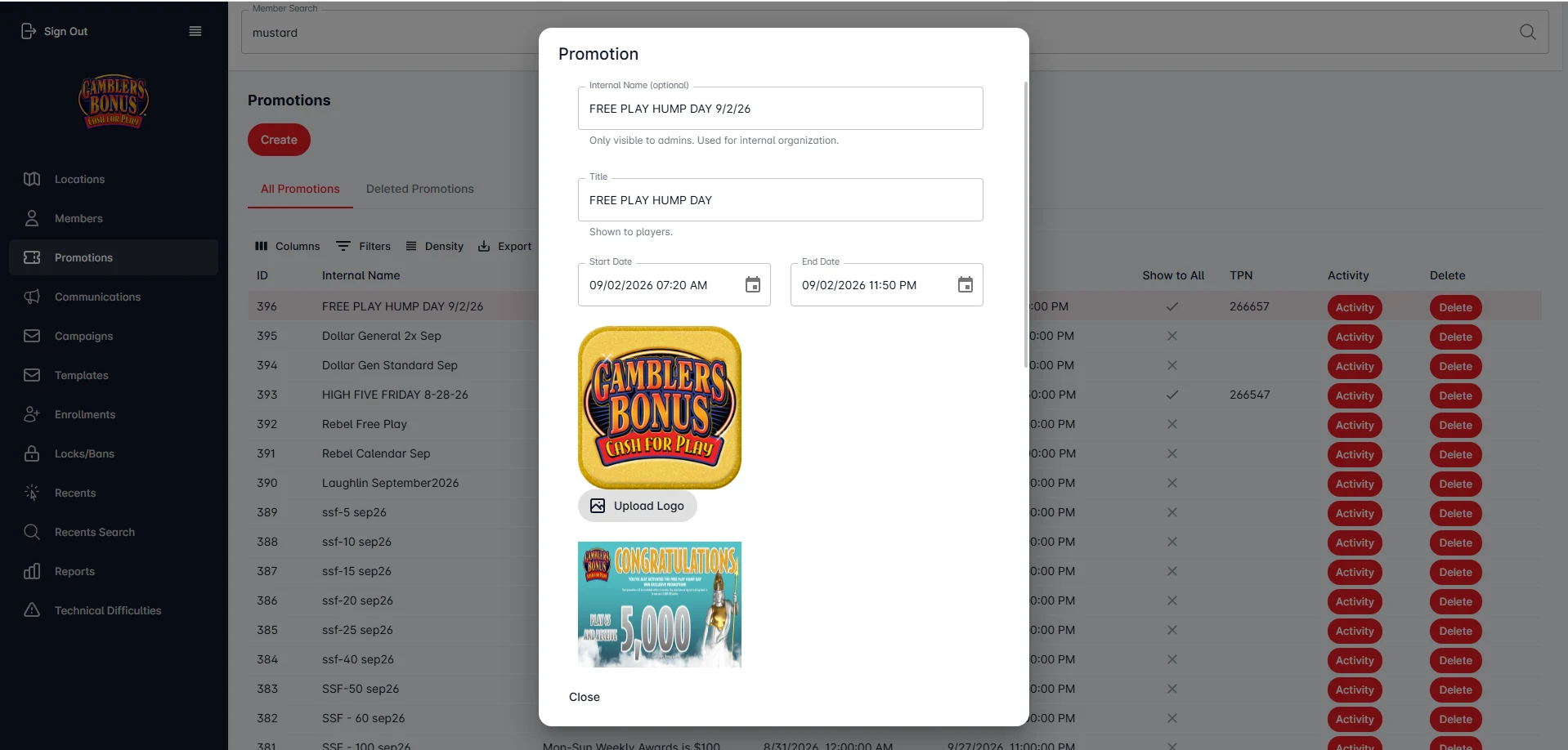 Promotion builder with artwork, scheduling and location visibility