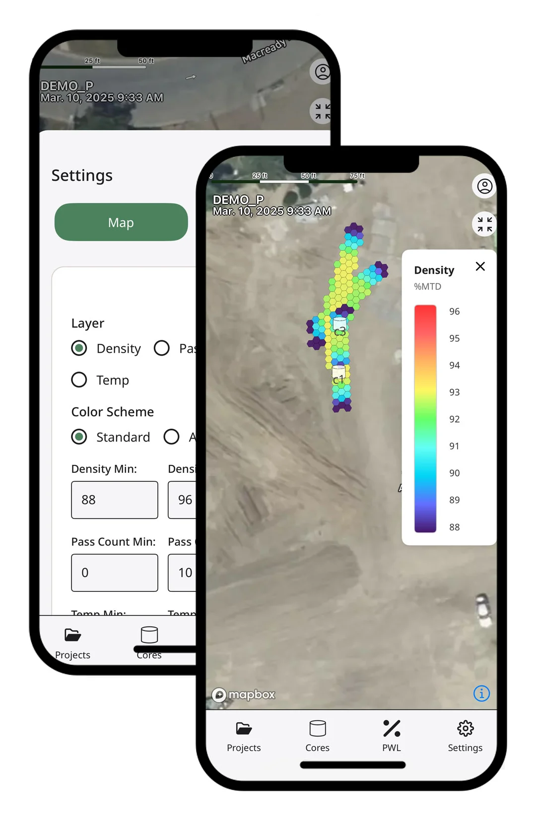 RT Density mobile app: hexbin density map and layer controls