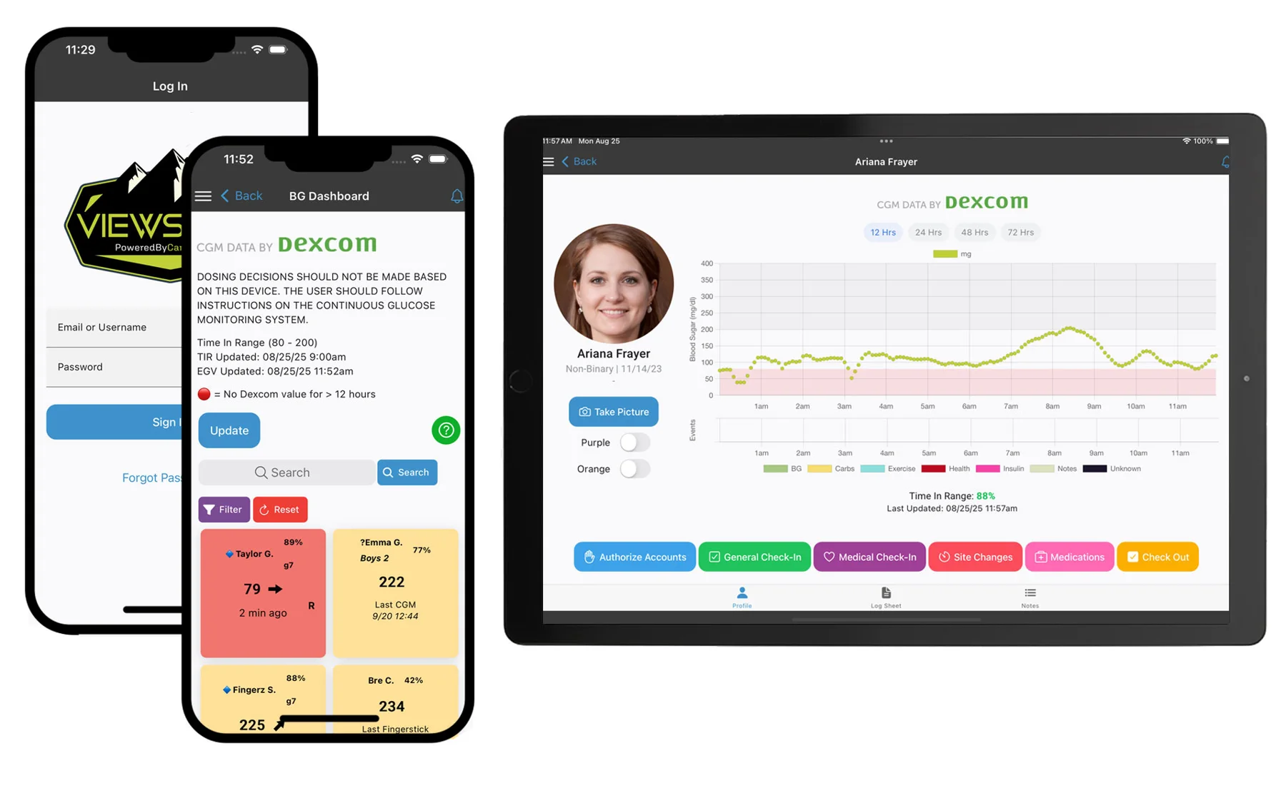 Views EMR: mobile and tablet views of the camper dashboard